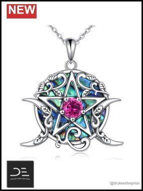 925 Sterling Silver Pentagram Necklace Triple Moon Pagan Wiccan Jewelry